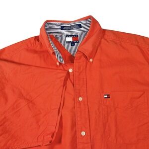 Tommy Hilfiger Large Orange Short Sleeve Button Down Shirt Cotton Preppy Coastal